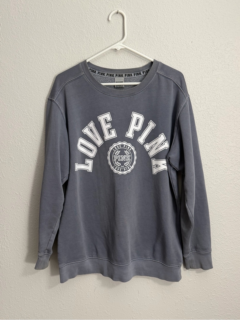 PINK Victoria's Secret Blue Gray "Love PINK" Oversized Crewneck Sweatshirt